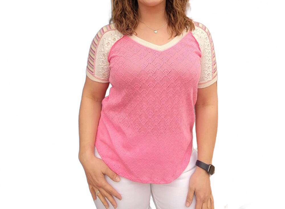NEW 7TH RAY sloane patchwork v-neck top in pink